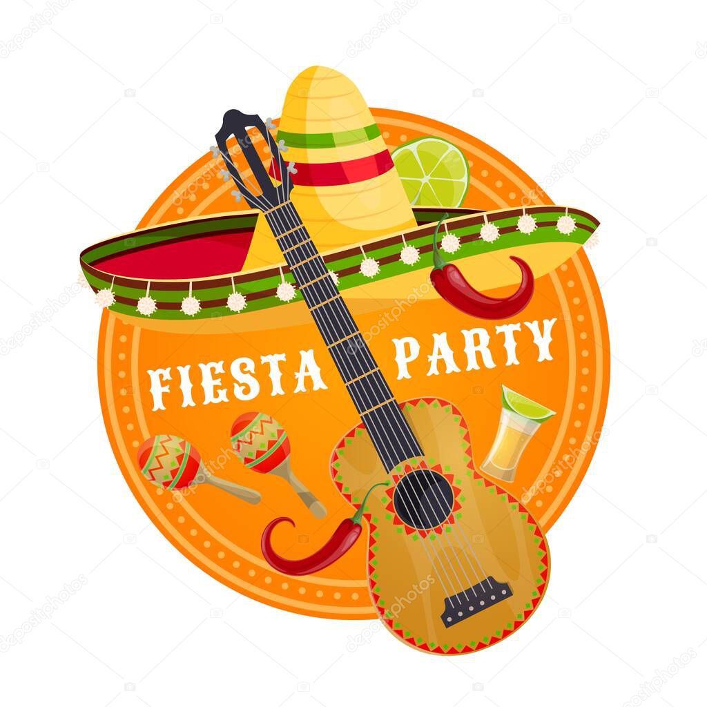 Mexican fiesta party sombrero and guitar vector design of Viva Mexico. Mexican mariachi musician hat, maracas, red chilli pepper and tequila, jalapeno and lime, greeting card or festive poster