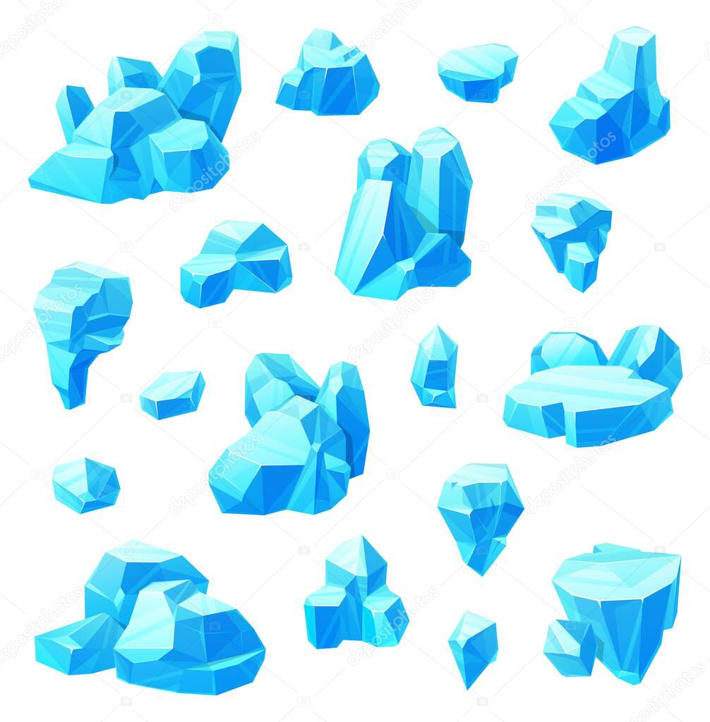 Ice crystals cartoon set of vector frozen water. Blue blocks and cubes of broken iceberg, pieces of icicle, floe or glacier, cold ice isolated objects of winter season, snowy weather and game design