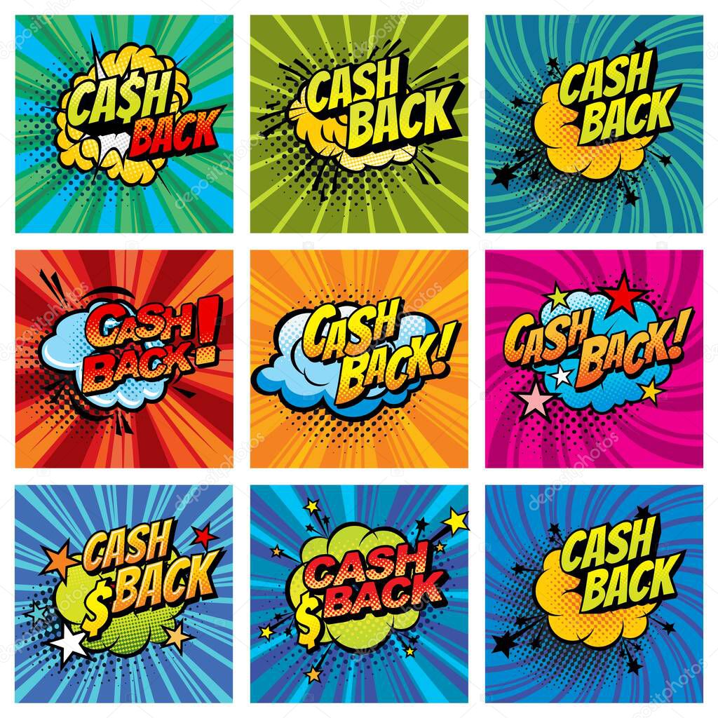 Cash back comics bubbles isolated vector icons. Cartoon Boom bang colorful half tone cashback offer, pop art retro sound cloud blast explosions with stars and dollar signs, symbols with typography set