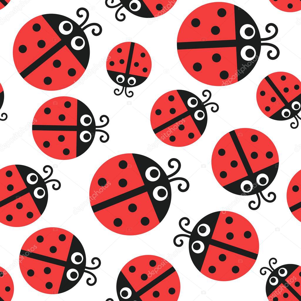 Ladybug pattern, vector seamless ornament, baby design for wallpaper or fabric. Cute ladybirds on white background, funny red insects with eyes and dots. Cartoon kids characters for summer decoration