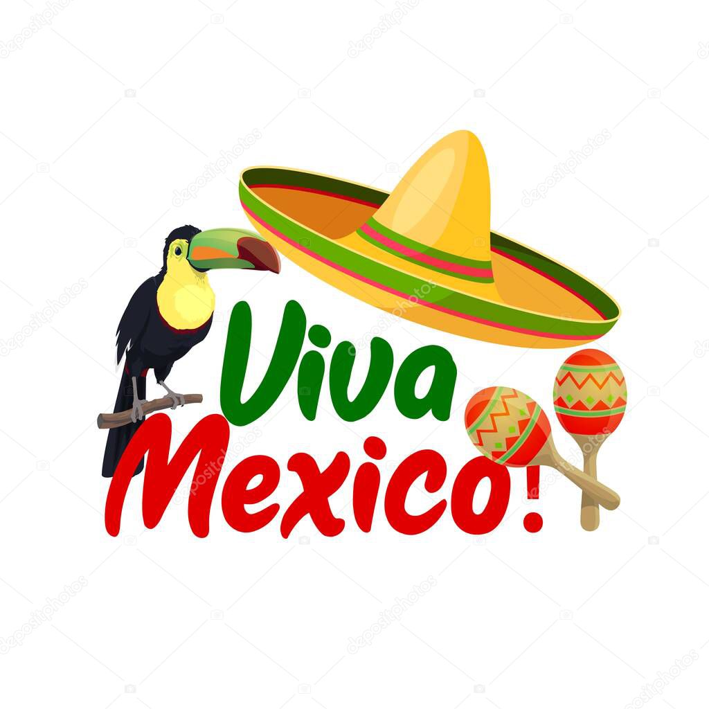 Viva Mexico vector icon with sombrero, toucan bird and maracas around of red and green typography. Cartoon poster with traditional Mexican symbols isolated on white background. Fiesta party label