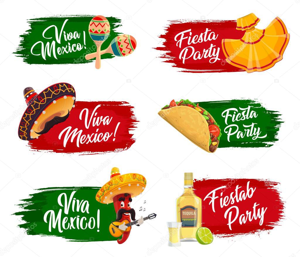 Mexican holidays vector icons. Fiesta party, viva Mexico isolated labels with sombrero , tequila, lime and jalapeno pepper musician on grunge brush strokes with typography. Cartoon Cinco de Mayo set