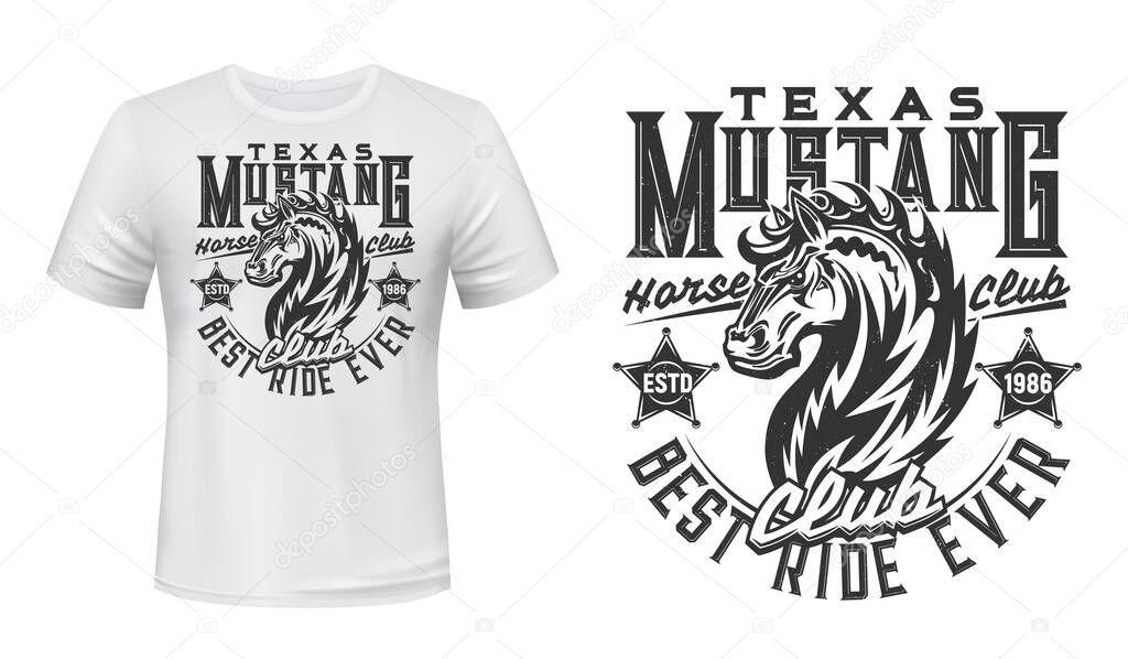Wild mustang stallion t-shirt vector print. Strong horse stallion head with waving mane, sheriff badge retro illustration and typography. Texas equestrian club apparel custom design print template