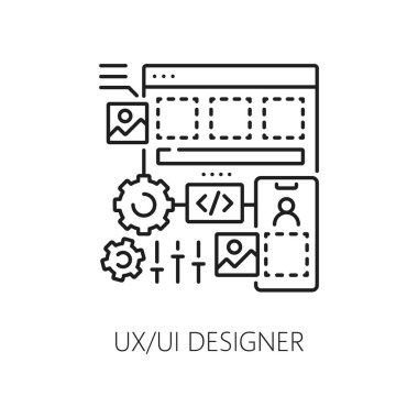 UX ve UI tasarımcısı, mobil uygulama veya kullanıcı arayüzü yazılım geliştirme için bilişim uzmanı simgesi, satır vektörü. Mobil uygulama geliştirici veya UI ve UX programlama ve teknoloji bilişim dijital uzmanı