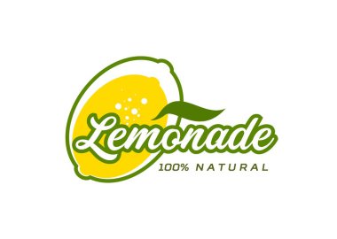 Meyve suyu ya da soda için limonata ikonu, vektör etiketi. Limonata narenciye, yüzde yüz doğal limon, köpüklü su ve ürün paketi için yeşil yaprak.
