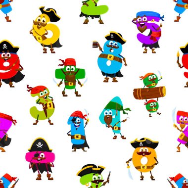 Çizgi film karakterlerinin kusursuz deseni komik numara korsan ve korsan karakterleri. Duvar kağıdı şablonu, kumaş vektör arkaplanı veya matematiksel sayı korsanları neşeli kişilere sahip tekstil komik vektör arkaplanı