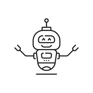 Robot çizgisi ve taslak simgesi. İzole vektör otomaton veya yapay zeka sembolü. Teknoloji tabelası modern robotiklerin özünü taşıyan modern tasarımla birlikte gelecekteki sohbet robotlarının icadı.