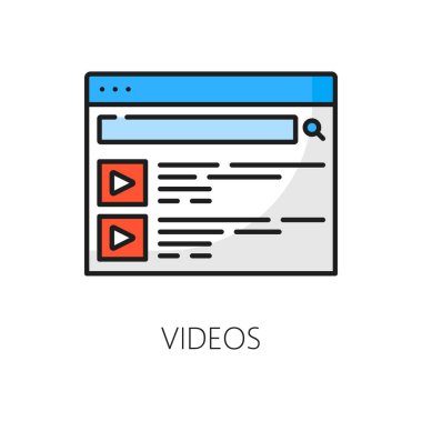 Videolar. SERP simgesi. Arama motoru sonuç sayfası, İnternet veri optimizasyon teknolojisi, trafik SEO ve sıralama ana hatları vektör simgesi, arama motoru sonuç sayfa çözümleme işareti veya satır pictogram