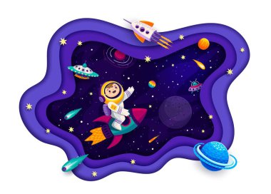 Galaksi uzay kağıdı, çocuk astronotlar, UFO 'lar ve gezegenler, karikatür vektörleri ile pankart kesiyor. Uzay gemisindeki uzay çocuğu yıldızlara, uzaya ve göktaşlarıyla yıldızlı gökyüzüne seyahat ediyor.