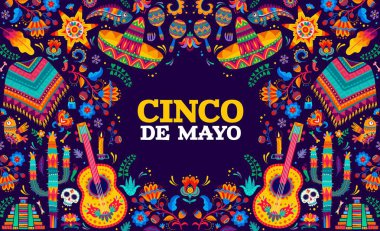 Cinco de mayonez Meksika bayram afişi. Karikatür vektör gitarlı tebrik kartı, sombrero, bukalemun, çiçekler ve kalavera şekerli kafatası. Piramit, kemikler, mum ve marakalar alebrije tarzında