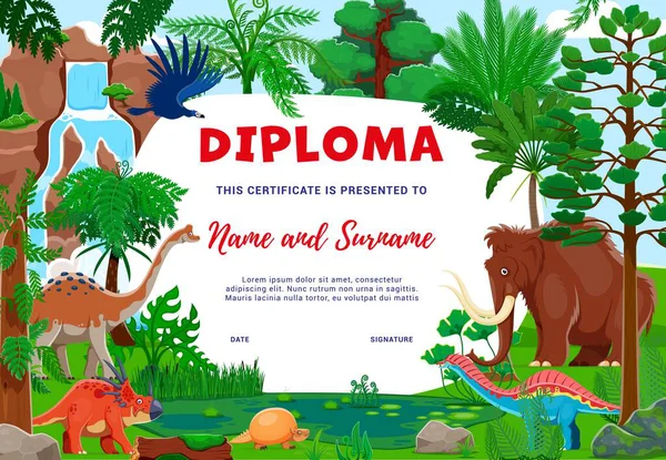 Diploma Crianças Com Dinossauros Desenhos Animados Personagens Dino Floresta Tropical — Vetor de Stock