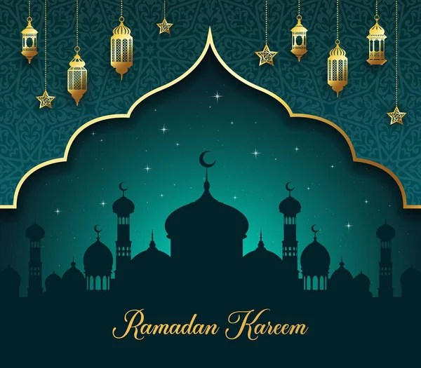 Ramadan Kareem Holiday Banner Muslim Mosque Arabian Lantern Lights Islamic — Stock Vector