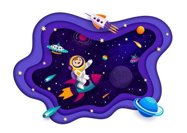 Galaxy Space Paper Cut Banner Kid Astronaut Rocket Ufo Planets — Stock Vector