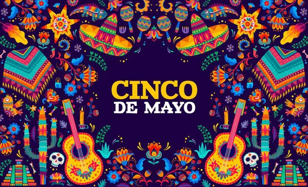 Cinco Mayo Mexikansk Helgfana Gratulationskort Med Tecknad Vektor Gitarrer Sombrero — Stock vektor