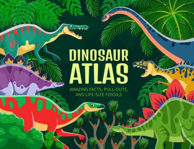 Tarih öncesi dinozor atlası kitap kapağı ya da orman manzarasında dinazor karakterli poster. Karikatür vektör hikaye kitabı. Eski sürüngen türleri yemyeşil ve tropikal bitkilerle dolu.