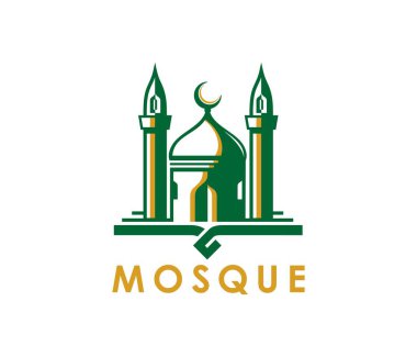 Üzerinde minareler ve hilal bulunan yeşil ve altın cami binalarının bulunduğu Ramazan Müslüman camisi simgesi, İslam kültürünü ve ruhaniliğini sembolize ediyor. Dini şenlikler veya markalaşma için vektör amblemi
