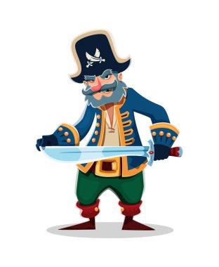 Çizgi film korsanı ve parlayan kılıcı sallayan korsan karakteri. Tecrit edilmiş vektör gemisi mürettebatı denizci ya da kaptanı kurnaz sırıtışlı ve sakallı açık deniz maceralarına ve kahramanca maceralara hazır.