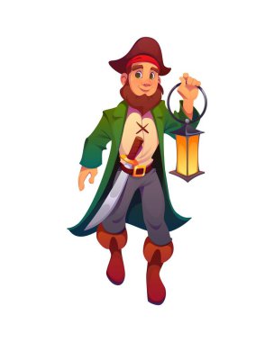 Karikatür ortaçağ korsanı ve korsan karakteri dostane bir ifadeyle parlayan fener tutuyor. Vektör kaptanı, denizci, kaptan ya da sandal beyi. Şapka, kılıç ve botla klasik korsan kıyafeti giymiş.