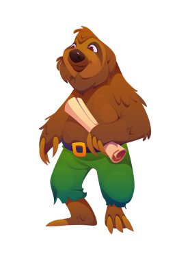 Çizgi film komik tembel hayvan korsan hayvan karakteri. İzole vektör tembel korsan yeşil engebeli pantolon ve kemer giyer, pençesinde hazine avı macerasına hazır bir parşömen parşömeniyle güvenle durur.