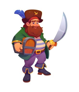 Çizgi film korsanı ve hazine sandığı ve parıldayan kılıcı olan korsan karakteri. Vektör şişman kaptan, denizci, kaptan ya da kayıkçı ganimetlerle dolu tahta sandık taşıyor, macera ve eğlence havası yayıyor.