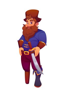 Çizgi film ortaçağ korsanı ve kendine güvenen bir gülümsemesi, kılıcı ve tricorn şapkası olan korsan karakteri. İzole edilmiş vektör, uzun bacaklı Karayip Gezgin Kaptan kişiliği bir macera duygusunu simgeler.