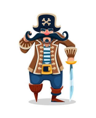 Çizgi film korsan karakteri uzun kıvrımlı bıyıklı ve çapraz kemikli tricorn şapkalı. Tahta bacaklı, çizgili gömlekli, kılıçlı ve kahverengi ceketli komik bir deniz soyguncusu.