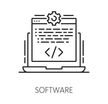 RPA yazılım ince çizgi simgesi veya amblemi. İş otomasyonu çözümü doğrusal vektör sembolü, RPA yazılım yeniliği ana hatları simgesi. Endüstriyel robot teknolojisi. Dizüstü bilgisayarı ve program kodu olan ince çizgi.