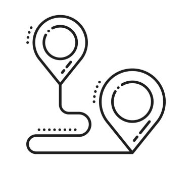 Trip hedefi, konum noktası simgesi ya da işaret. Yönlendirme işareti doğrusal vektör piktogramı, yön noktası ana hatları simgesi. Seyahat konumu ince çizgi işareti veya rota yolu ile sembol