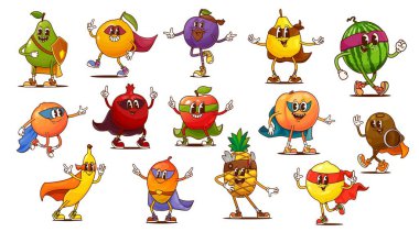 Kahraman pelerinli çizgi film süper kahraman meyve karakterleri. Tatlı mango, elma, karpuz ve ananasdan oluşan hippi meyve vektör kişilikleri. Komik muzlu, kivili ve şeftalili karakterler.