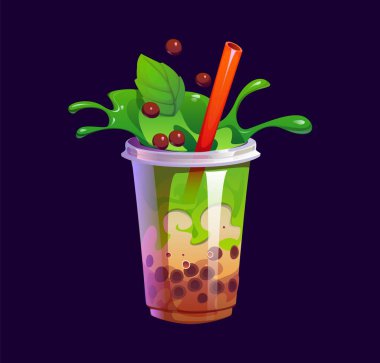 Naneli sütlü çay fincanı. Fast food kafe tatlı köpüklü çay vektör bardağı, restoran çikolatalı milkshake içeceği, nane yapraklı smoothie kokteyli, yeşil sıvı sıçrama