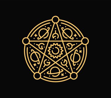 Gizemli, zarif, beş köşeli yıldız sembolü ya da dövmesi. Göksel zarif vektör dövmesi, doğrusal mistik büyü işareti. İzole edilmiş altın fantezi Boho sembolü veya sarı esrarengiz pentagram Y2K baskısı