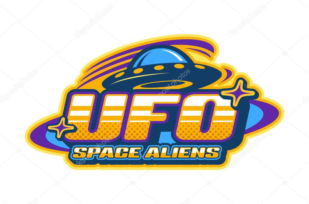 Aliens UFO space Y2K retro icon or badge. Galaxy extraterrestrial life Y2K vector sign, SCI-FI vintage symbol. Space alien funky emblem or invader UFO retro icon with flying saucer and typography