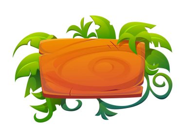 Orman ormanı macera işareti, lianalı ve yapraklı tropikal çerçeve. Çizgi film vektörü ahşap tabela, ahşap tahta ya da yeşil sarmaşıklı kenar ve Amazon çalısı. Yağmur ormanları bitkileri ile ahşap panel