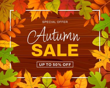 Ahşap arka planda güz yaprakları olan sonbahar indirimi afişi. Vektör tanıtım posteri, karikatür kuponu, mağaza, alışveriş merkezi ve market alışverişi için özel fiyat teklifi, promosyon kartı veya yapraklı fiş