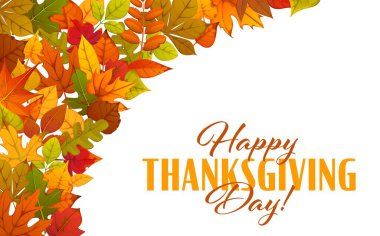 Şükran Günü 'nüz kutlu olsun. Meşe palamudu, akçaağaç ve akçaağaç yapraklarıyla süslenmiş, altın, kırmızı ve sarı renklerde. Vektör tatil afişi. Teşekkür ederim. Kutlama afişi.