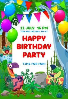 Tarih öncesi şirin dinozorlarla doğum günü partisi ilanı. Çocukların bayram kutlama broşürleri, doğum günü partisi posterleri yumurtalı bebek dinozorlar neşeli karakterler, balonlar ve çelenkler