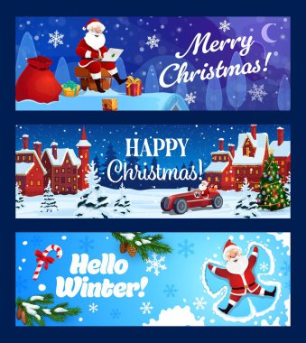 Mutlu Noeller, Noel Baba kış kasabasında, bacada hediyelerle, çizgi film vektörüyle. Noel ve Yeni Yıl Noel tatili afişlerinde Noel Baba hediye taşıyor ya da çatıda oturuyor.