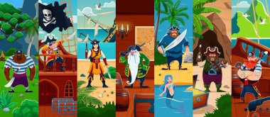 Karayip korsan mürettebatı karakterleri hazine adasındaki korsan denizcilerin kolajı, çizgi film vektörü. Gemide korsan kaptan ve kılıç ustası, denizci korsan kanca elli ve denizde deniz kızı