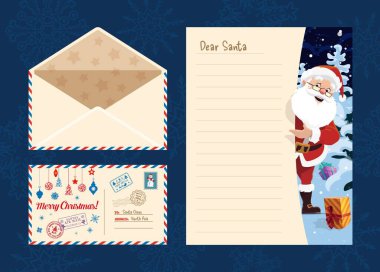 Noel Baba, Noel dileği mektubu ve kış tatili dilekleri için zarf getirmiş. Çizgi film vektörü. Mutlu Noeller ve yeni yıl hediye kartı. Kar ormanında içinde komik Noel Baba olan zarflar için dilek listesi.