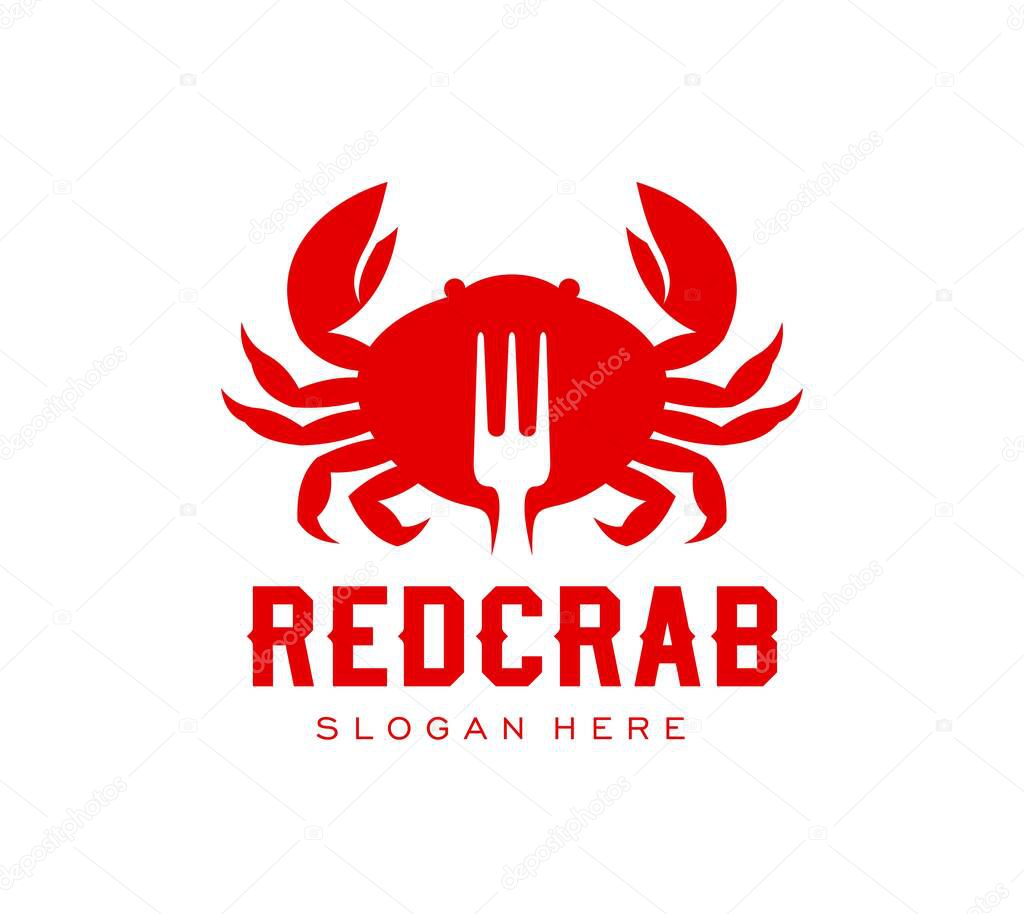 Crab seafood icon cuisine restaurant or gastro bar menu, vector sign. Crab and fork red silhouette icon for seafood kitchen or fish market and fresh product package for Mediterranean or Asian food
