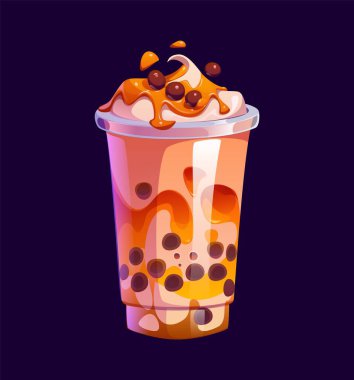 Fast food karamel sütlü çay bardağı. Kafe tatlı içeceği, smoothie çizgi film vektör bardağı, sütlü boba içeceği. Krem şantili, karamel şuruplu ya da soslu tatlı köpüklü çay bardağı.