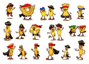 Çizgi film makarna korsanları ve korsan karakterleri. Gnocchi, capellini, cavatelli ve vermicelli, campanelle, cannelloni İtalyan makarna kaptanı, corsair skipper groovy vektör seti