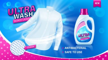 Beyaz gömlek ve gerçekçi deterjan şişesi posteri, temizlik ürünü reklam vektör şablonu. 3D plastik bir şişe sıvı çamaşır deterjanı ve parlak beyaz gömlek.