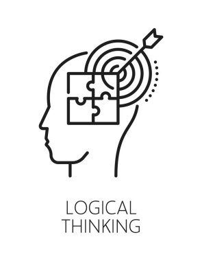 Mantıklı düşünme yeteneği çizgisi ikonu ya da sembolü. Zihinsel yetenek ana hatları vektör piktogramı, beyin fonksiyonu sembolü. Mantıksal düşünme yeteneği insan kafasında hedef ve bulmaca işareti