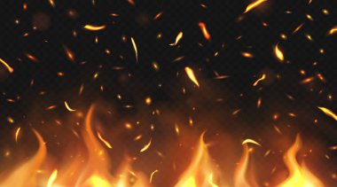 Şeffaf arka planda alev alev yanan gerçekçi kamp ateşi kıvılcımları. Vektör 3D yanan kırmızı ışık, ateşli alevler, gerçekçi kamp ateşi turuncu parıltı, kıvılcım arka planda şenlik ateşi