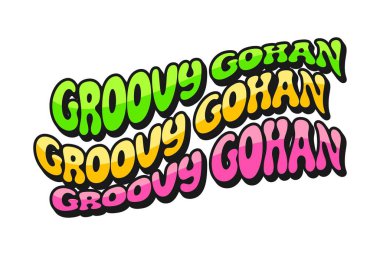 Japon restoranının harika Gohan retro Y2K çıkartması ya da yaması. Japon mutfağı retro etiketi, suşi menüsü lezzeti Y2K 70 'lerin vektör yaması. Ürkütücü renkli tipografi içeren deniz ürünleri etiketi veya çıkartması