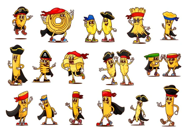 Çizgi film makarna korsanları ve korsan karakterleri. Gnocchi, capellini, cavatelli ve vermicelli, campanelle, cannelloni İtalyan makarna kaptanı, corsair skipper groovy vektör seti