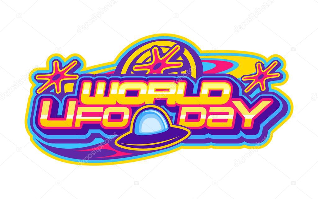 World UFO day space Y2K retro icon or badge. Galaxy alien vintage vector sign, extraterrestrial life funky emblem. Cosmos invader icon or symbol with stars, flying saucer and golden retro typography