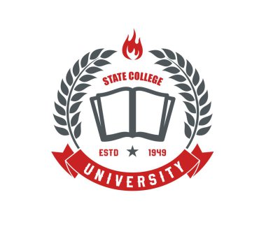 Devlet Üniversitesi Heraldik ikonu. Klasik amblem, açık bir kitapla okul arması, defne çelengi, ateş alevi, kırmızı bayrak ve akademik mükemmelliği, eğitimi ve geleneği simgeleyen yerleşik tarih.