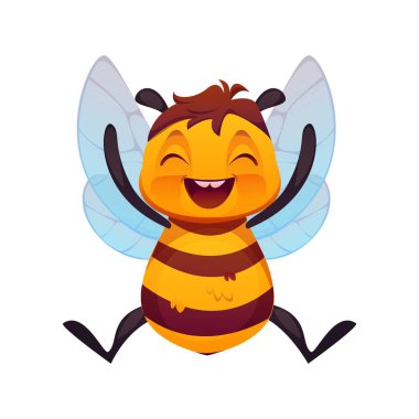 Çizgi film karakteri, kaldırılmış kolları ve parlak sarı ve siyah çizgileri ve şeffaf kanatları olan neşeli mutlu yüzü olan bal arısı karakteri. Vektör neşeli bal arısı, hayvan maskotu, böcek kişiliği